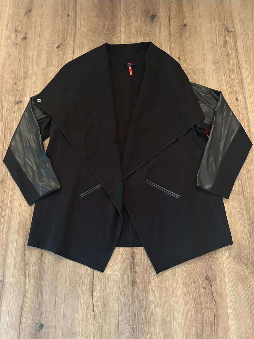 SPANX Black Open-Front Blazer with Faux-Leather Sleeve Panels